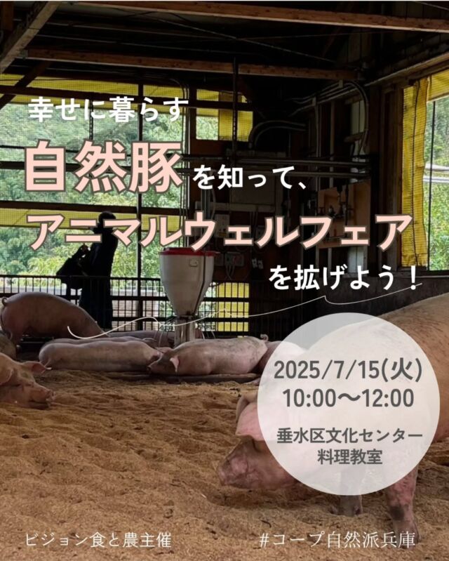 🍅@coop.shizenha.hyogo
食・調理イベント
＼幸せに暮らす自然豚を知って、
アニマルウェルフェアを拡げよう！／

「安心して食べられる豚肉が欲しい」という組合員さんの声から生まれた自然豚について、七星食品さんの取り組みを聞いてみよう！
ストレスなく健やかに過ごせるように大切に育てられている豚ちゃんは、人を怖がりません！また「抗生物質不使用」「えさまでNON-GMO（分別管理）」で安心の豚ぷんは堆肥としても活用されています。会場参加の方には自然豚の試食があります♪

⌚とき：2025年7月15日（火）10:00～12:00
📍ところ：垂水区文化センター　料理教室
　　　　　（レバンテ垂水２番館3階）

▶講　師：㈱七星食品　山花浩二さん
▶参加費：組合員400円、一般600円
▶定　 員：36名
▶託　 児：あり（1歳3か月～未就学児まで）※定員4名
　　託児費用：組合員400円、一般600円
　　託児時間：10:00～12:00
　　託児申込〆切：6月30日（月）
　　1歳3か月未満のお子さま会場同伴可
▶持ち物：筆記用具
▶イベントID:18250142
▶申込：電話またはメール
　　✉️event18@shizenha.co.jp

▷申込〆切：7/7（月）17:00

 −−−−−−−−−−−−−−−−−−−−−−−−−−−−−−−−−−−−

コープ自然派兵庫
組合員より発信中✈
選ぶもので社会は変わる
選ぶことで未来を変えよう
@coop.shizenha.hyogo

−−−−−−−−−−−−−−−−−−−−−−−−−−−−−−−−−−−−

#自然豚
#アニマルウェルフェア
えさまで#nongmo
#抗生物質不使用
#安心な食べ物
#生協 #コープ自然派 #コープ自然派兵庫 #コープ自然派のあるくらし #生協宅配 #生産者さんに感謝 #オーガニックな暮らし #無農薬 #遺伝子組み換えでない  #自然を守る #国産オーガニック #ネオニコフリー #エシカルライフ #選ぶ