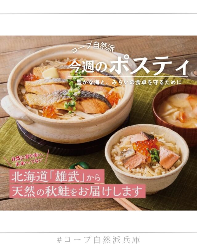 🍅@coop.shizenha.hyogo
ポスティ34号

今年も、雄武から“新物”の天然秋鮭が届きました。
毎年楽しみにしている方も多いと思います🐟

雄武漁協では、植樹や水産資源の管理など、海と森を守る取組を続けながら鮭を漁獲しています。
「自然派Style雄武秋鮭切身（無塩）」は、そうした環境を未来へつなぐ努力のもとで届けられる秋の味覚。
今年も、変わらぬおいしさをどうぞ。

・<222> 産直じゃがいもまるごとハッシュドポテト（今期最安値）
・タタッと！こんだてセット（3日分のメニューがまとまって便利）
・食材セットはれんこん特集

季節のうつろいとともに、食卓も秋らしく。
今週のカタログ、ぜひご覧ください。

＊商品案内・ポリ袋・食材セットトレイ・万能つゆ空きビンの回収に
ご協力をお願いします＊
コープ自然派では資源循環と廃棄物の削減のため、
商品案内(カタログ)や容器・包装を回収しています。

 −−−−−−−−−−−−−−−−−−−−−−−−−−−−−−−−−−−−

コープ自然派兵庫
組合員より発信中✈
選ぶもので社会は変わる
選ぶことで未来を変えよう

@coop.shizenha.hyogo

−−−−−−−−−−−−−−−−−−−−−−−−−−−−−−−−−−−−

#ポスティ 34号
#自然派Style
#雄武秋鮭 #天然秋鮭 #秋の食卓
#生協 #コープ自然派 #コープ自然派兵庫 #コープ自然派のあるくらし #生協宅配 #生産者さんに感謝 #オーガニックな暮らし #無農薬 #遺伝子組み換えでない  #自然を守る #国産オーガニック #ネオニコフリー #エシカルライフ #選ぶ