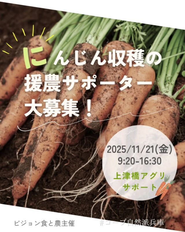 🥕＼にんじん収穫の援農サポーター大募集！／🌱

なでしこ米の生産者で「田んぼの楽校」の校長先生としておなじみの澤田さんの畑で、今年もにんじんが大豊作！
収穫のお手伝いをしてくださる援農サポーターを募集します✨
お子さま連れも大歓迎。自然派のおやつ＆にんじんのおみやげ付き♪

📅 11/30（日）13:00〜15:00
📍 上津橋アグリサポート（神戸市西区）※駐車場あり

収穫のコツを教えてくれるのは、学校給食にも野菜を提供している澤田正行さん。
畑の空気を感じながら、親子で農体験しませんか？

💰 参加費：組合員100円／一般150円
👥 定員：20名
👶 託児なし（お子さま同伴OK）
🎒 持ち物：軍手・長靴・スコップ・飲み物・帽子・タオル・にんじん持ち帰り袋・農作業できる服装・バインダー

📝 申込フォーム
https://ws.formzu.net/fgen/S57394114/
※メール申込も可（件名「11/30 にんじん収穫援農」）

締切：11/24（月）

−−−−−−−−−−−−−−−−−−−−−−−−−−−−−−−−−−−−

コープ自然派兵庫
組合員より発信中✈
選ぶもので社会は変わる
選ぶことで未来を変えよう
@coop.shizenha.hyogo

−−−−−−−−−−−−−−−−−−−−−−−−−−−−−−−−−−−−

#にんじん収穫 #援農 #農業体験 #収穫体験 #食育イベント
#生協 #コープ自然派 #コープ自然派兵庫 #コープ自然派のあるくらし #生協宅配 #生産者さんに感謝 #無農薬 #遺伝子組み換えでない  #自然を守る #国産オーガニック #ネオニコフリー #エシカルライフ #選ぶ